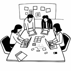 Team collaborates on laptops at a meeting table brainstorming ideas with sticky notes