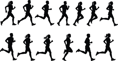 Naklejka premium Black silhouette set of runners in motion, athletic figures in sprinting poses, dynamic running posture collection, sports vector illustration set