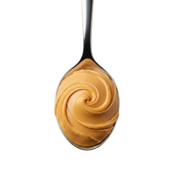 A polished silver tablespoon holding a perfectly swirled scoop of creamy golden-brown peanut butter, isolated on a pure transparent background, in ultra realistic macro studio lighting. Product