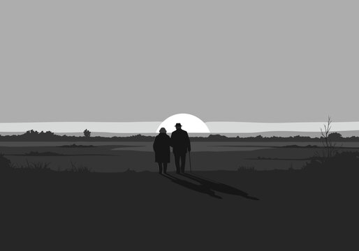 Lonely elderly couple walking together at sunset, silhouetted against a gray landscape  