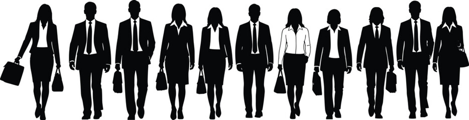 Business silhouettes, corporate professionals, walking forward, briefcase, teamwork, office attire, black and white, vector, career, group