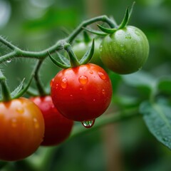Branch of ripe orange tomatoes hang on a plant with water drops. Fresh produce for eco market. Harvest season background for banner or poster with copy space.	
