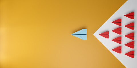 3D illustration of a blue paper plane leading a group of red planes in arrow shape on orange background. Symbol of leadership, innovation, success, and standing out.