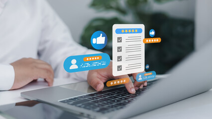 Person using laptop with digital icons of customer satisfaction, five-star reviews, and positive feedback, symbolizing online service, user experience, and digital reputation management.