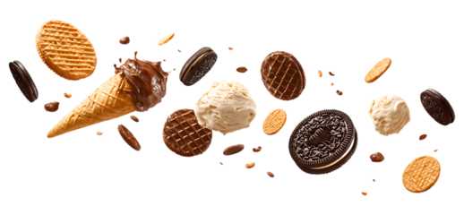 A variety of cookies, chocolate chip waffles, and ice cream, dynamic floating in the air  isolated on a transparent background