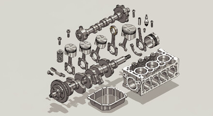 Exploded view of an internal combustion engine's components, showcasing pistons, crankshaft, and cylinder block.