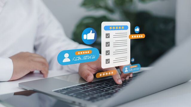 Person using laptop with digital icons of customer satisfaction, five-star reviews, and positive feedback, symbolizing online service, user experience, and digital reputation management.