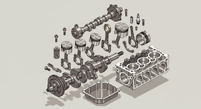 Exploded view of an internal combustion engine's components, showcasing pistons, crankshaft, and cylinder block.