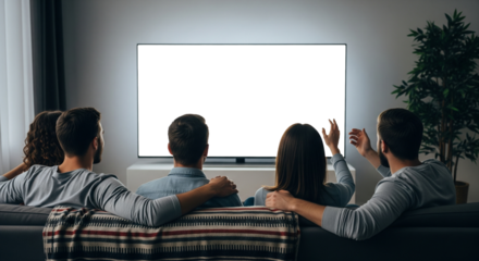 Group of friends watching a blank screen television.

