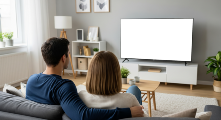  Young couple sitting on the couch and watching tv together.