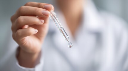 Person holds pipette with liquid drop in a laboratory coat