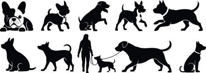 Dog silhouettes, walking, sitting, running, leash, person with dog, pet vector, canine poses, animal graphic, black silhouette