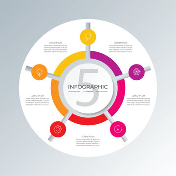 5 points circular infographic element template with icons, vector illustration