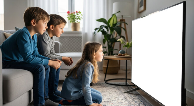 Three children watching a blank screen television. - Powered by Adobe