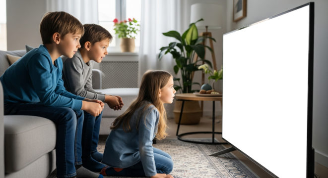 Three children watching a blank screen television.