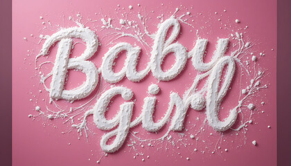 "Baby girl" white 3D script on pink background with gentle embossed effect, 8k image