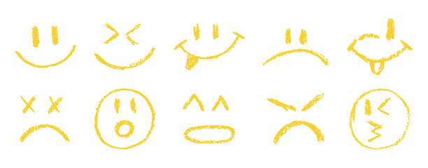 Set of emoji crayon faces. Different faces with  emotions and crayon pencil texture