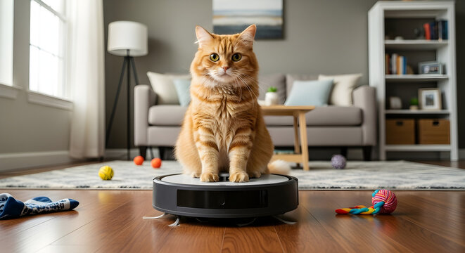 Photorealistic Funny Cat Riding Roomba Vacuum Cleaner, Calm Serious Expression, Clean Living Room Background, Humorous Pet Moment
