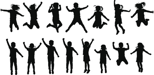 Children jumping silhouettes, playful kid vector icons, joyful movement pack, expressive pose artwork, black figure set, activity design collection