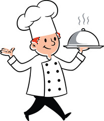 Cartoon red-haired chef walking with steaming tray, cheerful gesture, white uniform and hat, isolated vector for food, cooking design