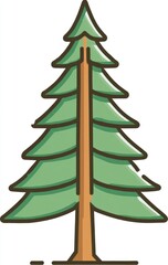 Stylized illustration of a pine tree.  Simple, outlined, and colored design.  Green needles, light brown trunk.  Flat, cartoon-like style