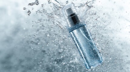 A bottle surrounded by splashing clear liquid substance