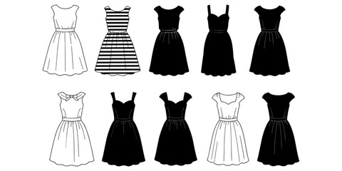 Black and White Dress Design Vector Set, Fashion Silhouettes, Stylish Outfits Collection, Modern Clothing Elements, Female Apparel Illustration