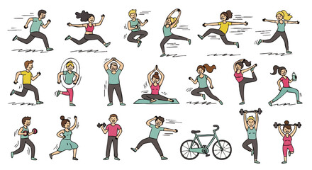 Diverse individuals engaging in various fitness activities, including running, jumping, weight training, yoga, and cycling.