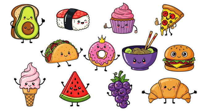 Cute cartoon food characters, various types of food items with expressive faces and body parts. - Powered by Adobe