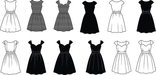 Dress silhouette set, fashion design icons, black and white dresses, striped patterns, sleeveless styles, belted outfits, neckline variations, vector clothing illustration