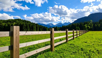 Idyllic countryside vista featuring a wooden fence and majestic mountain backdrop