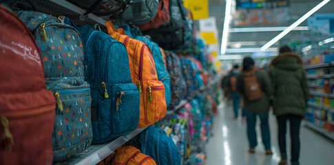 Colorful Backpacks Displayed on Shelves in a Store Aisle with Shoppers Looking for School Supplies