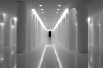 A monochrome image features a long hall with white columns and a shiny floor. This image can illustrate design concepts, minimalism or the idea of a long journey.