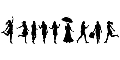 Silhouettes of Women in Fashion Poses, Vector Art Black and White, Lifestyle Concept, Shopping, Dancing, Walking, Jumping Illustration