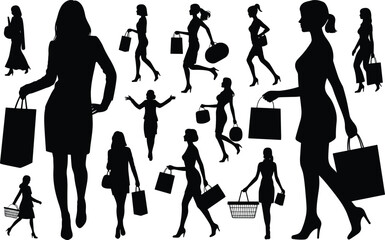 Silhouette of women shopping with bags, fashion style, retail lifestyle, consumer activity, walking, stylish poses, elegance, shopping spree