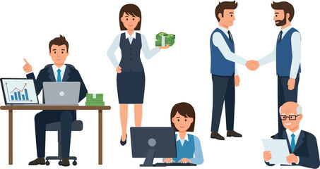 A group of cartoon business people in various poses including handshake and working at computers