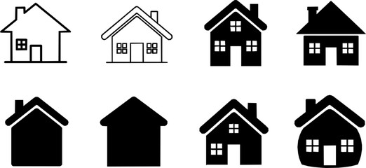 Flat style house symbols for apps and websites on a white background, including a home icon collection and real estate house icons set, available as a vector
