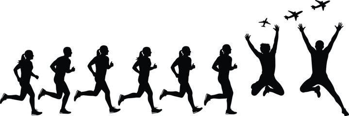Running silhouettes, jumping figures, airplane flyover, motion concept, achievement, travel theme, black vector, celebration, progress, freedom, journey