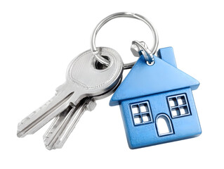 A close-up of silver keys attached to a blue house-shaped keychain. This image symbolizes home ownership and security in real estate.