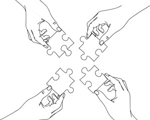 Teamwork puzzle, collaboration concept, four hands, connecting pieces, unity, problem solving, vector illustration, partnership, cooperation, strategy