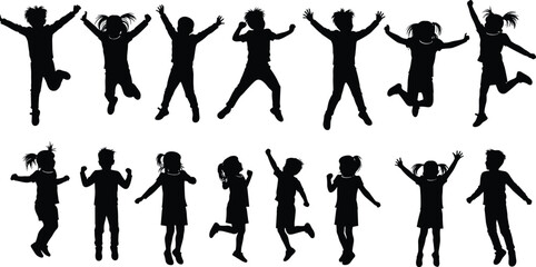 Jumping children silhouettes, playful kids vector pack, joyful movement icons, black figure set, childhood activity design, expressive pose artwork
