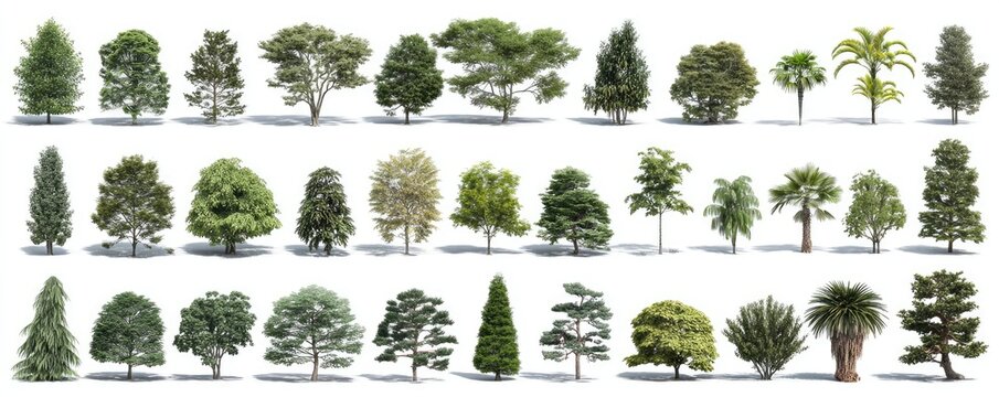 Diverse collection of trees against white background.  Various shapes and types,  from broadleaf to conifer, including palm trees.  Realistic renderings