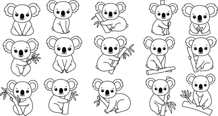 Koala illustrations, cute animal graphics, black and white koalas, cartoon wildlife icons, vector koala poses, bamboo holding koalas, nature-themed artwork