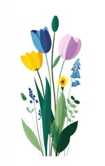 Spring bouquet of tulips, wildflowers