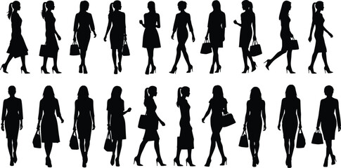 Silhouette of fashionable women walking with handbags, modern stylish female figures, high heels, elegant poses, trendy fashion vector illustrationSilhouette of fashionable women walking with handbags