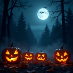 Spooky Halloween pumpkins glowing jack o lantern moonlight night background