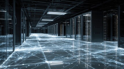 Sleek server racks in a high-tech data center integrate seamlessly with abstract lines of data, representing intelligence and system behavior.
