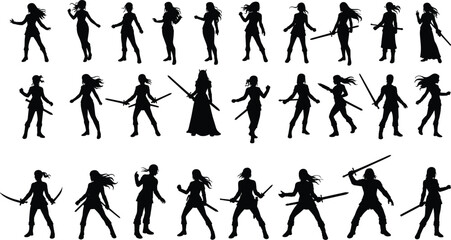 Silhouette set of diverse women in fashion and battle poses, sword-wielding figures with crowns and dresses, stylish warrior design collection