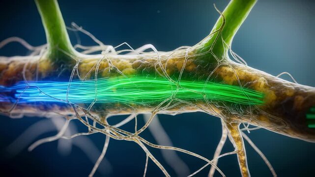 Microscopic perspective of fungalroot interaction highlighting mutualistic nutrient transfer pathways.