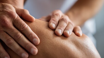 ultra-realistic close-up of a physiotherapist's hands gently palpating a patient's shoulder muscles, identifying the source of pain during an assessment, clean and professional clinic background, phot